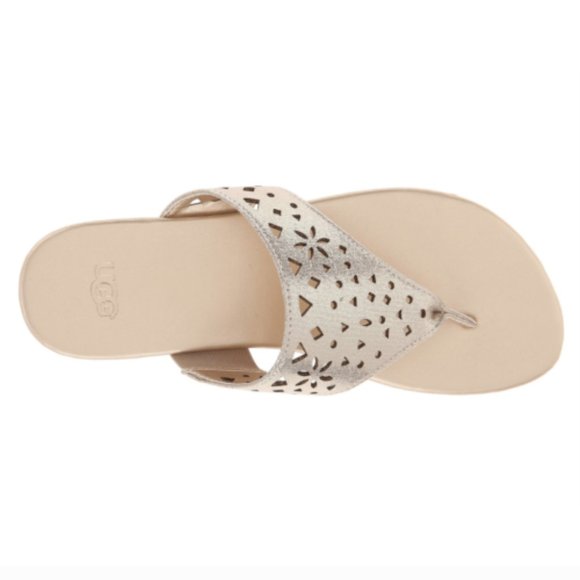 NEW UGG Kid Jaedynn Champagne Shimmer Flower Cut Out Thong Flip Flop Flat Sandal - Picture 5 of 6